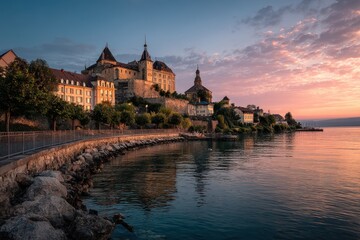Obraz premium Neuchatel: Captivating Sunset over the Castle, Lakeshore Views with Jura Skyline in Switzerland