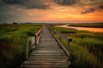 Fototapeta premium Serene Sunset over South Carolina Low Country Marsh with Wooden Pier and Lush Green Grass