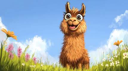 Colorful cartoon illustration of a happy llama in a flower field  