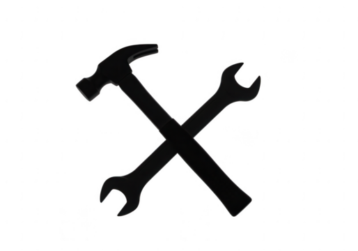 Hammer and wrench crossed silhouette isolated on transparent background