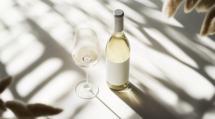A bottle of white wine with two glasses casts elegant shadows on white.