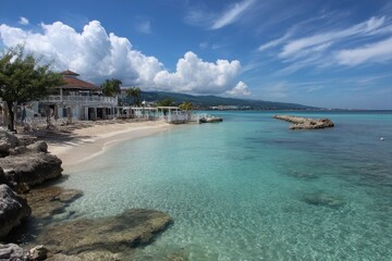 Stunning Views of Doctor's Cave Beach Club in Montego Bay, Jamaica: A Tropical Paradise with Calm Blue Waters and Scenic Clouds