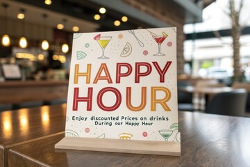 Happy Hour Sign in Modern Cafe Decor with Colorful Typography