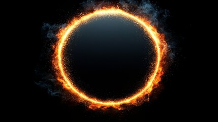 Fototapeta premium Black circle with a bright orange center. The circle is surrounded by a lot of smoke and fire