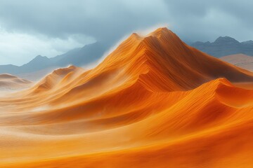 Naklejka premium Sand dunes display vibrant orange hues under cloudy skies in a striking desert landscape at dusk