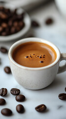 Fototapeta premium A cup of espresso with beautiful, cute cream art on top, set against a white background with a bright tone. The smooth texture of the espresso and intricate cream design create a warm, inviting atmosp