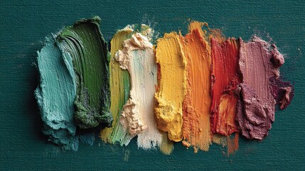 Top View of Colorful Paint Strokes on Dark Green Background for Abstract Art Design or Creative Banner Concept