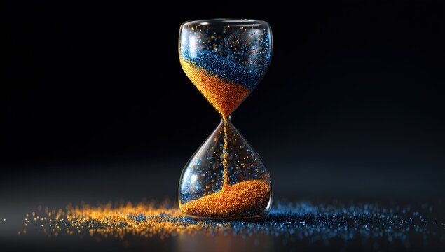 Hourglass with blue and orange sand on dark background. - Powered by Adobe