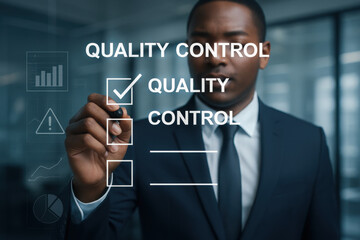 Businessman use pen to tick correct sign mark in checkbox for quality document control checklist and business approve project concept - Digital Business Interface Concept