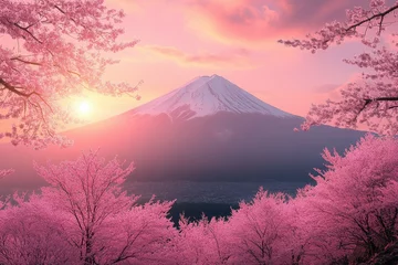 Selbstklebende Fototapeten Cherry blossoms bloom near Mount Fuji at sunset, showcasing vibrant colors and stunning landscapes in Japan © Tanu