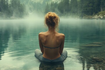 Fototapeta premium Serene moment by the tranquil lake with misty mountains in the background during early morning hours
