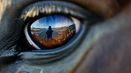 Close Up of horse's eye showing vivid reflection of nature and surroundings in bright sunlight, Closeup of horse's eye displaying reflection and intricate detail - Powered by Adobe