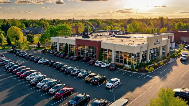 Bright evening at a car dealership showcasing diverse vehicles in full lot under a clear sky, A car dealership with a full inventory in the parking lot in an suburban community aerial flyover