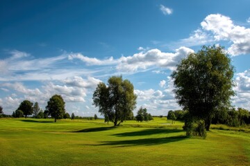 Fototapeta premium Scenic Golfcourse Embraced by Lush Greenery Beneath a Sky of Blue Clouds