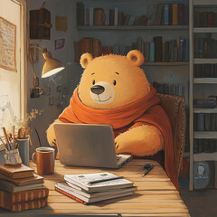 Cartoon bear working on laptop while sitting at wooden desk indoors  