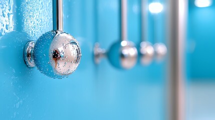 Chrome Shower Knobs Against Turquoise Wall