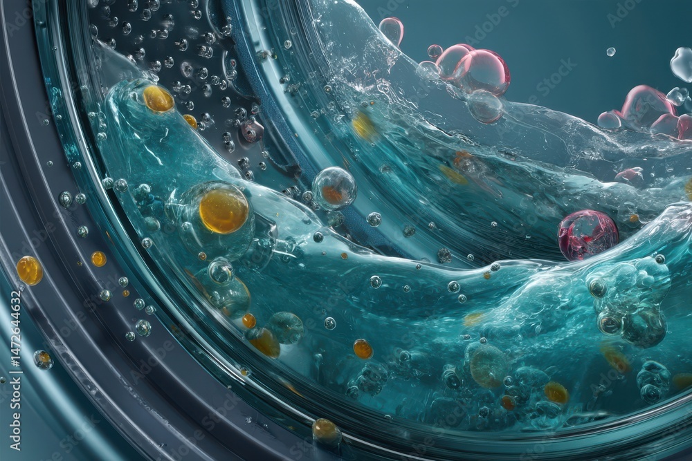 Poster dynamic flow of water inside a modern washing machine drum capturing bubbles and detergent mixing
