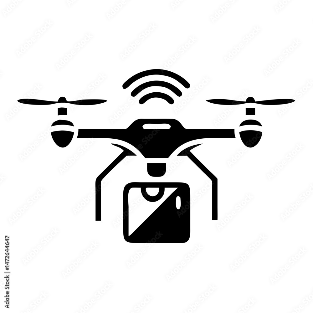 Poster silhouette design depicting futuristic smart delivery drone with ai sensor icon.