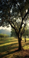Agarwood Tree Glowing in the Dawn Light of a Serene Orchard Garden