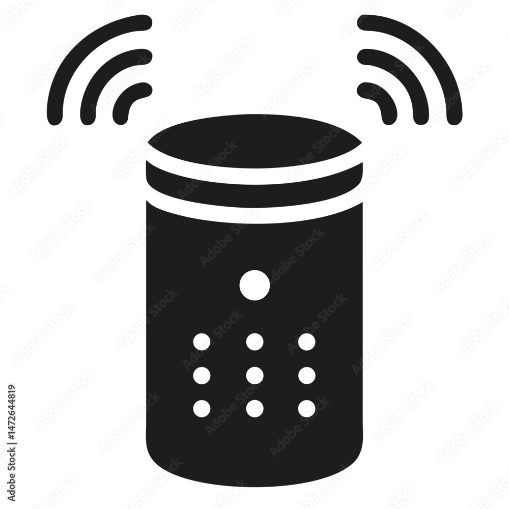 Poster black silhouette of a smart speaker with wave icon suggesting ai voice assistant functionality