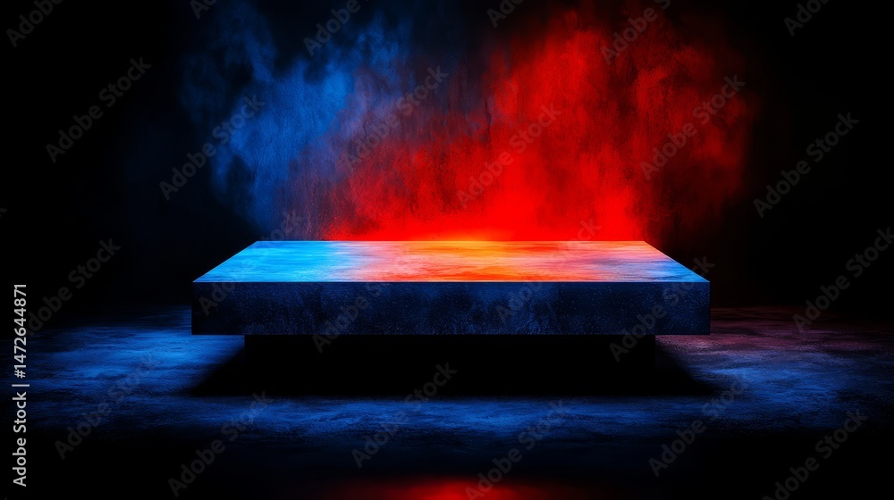 Poster square with a red light on it, surrounded by blue and red colors. the contrast between the colors an