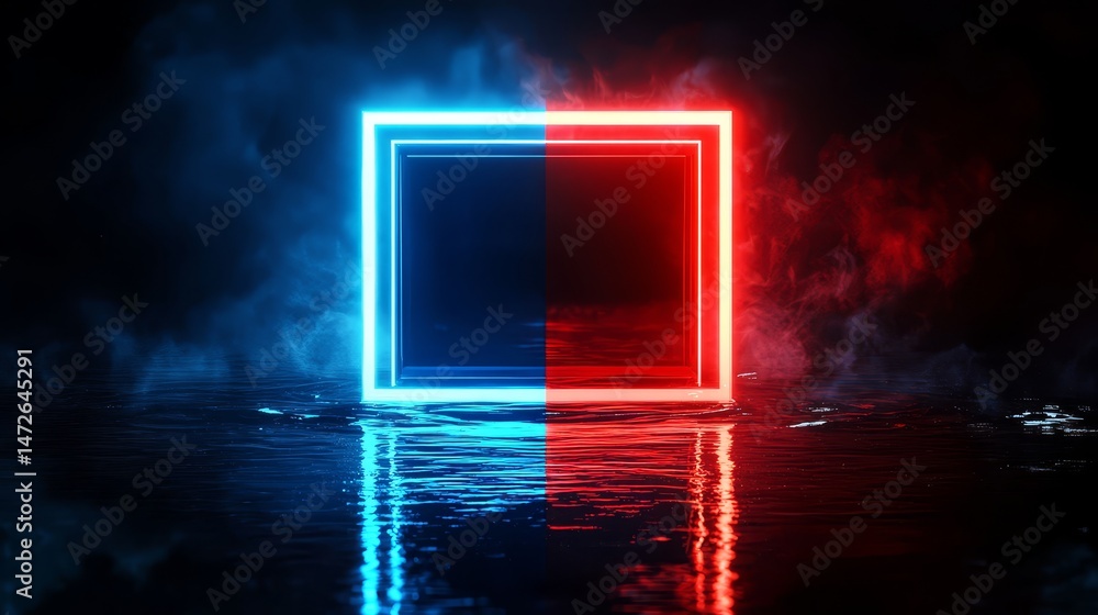 Poster blue and red square with a white border is lit up and surrounded by smoke. the blue and red colors c