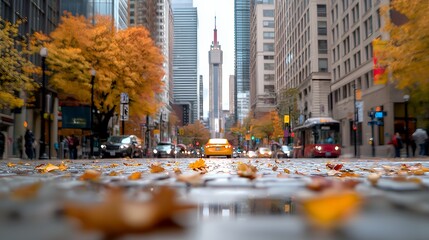 City Street View with Autumn Leaves and Buildings