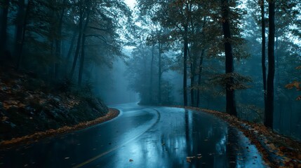 Obraz premium Mysterious Forest Road Curving Through Foggy Trees After Rainfall