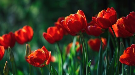 Obraz premium Vibrant Red Tulips Blooming in Sunlight with Lush Green Backdrop