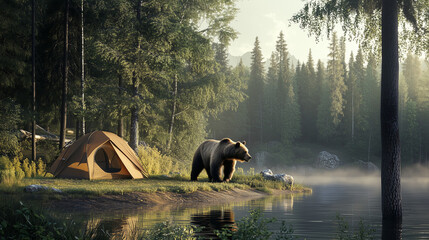 Grizzly bear standing near campsite by the lake in forest setting  