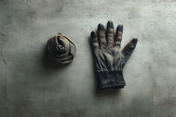 A single gray and brown glove laying on a concrete surface