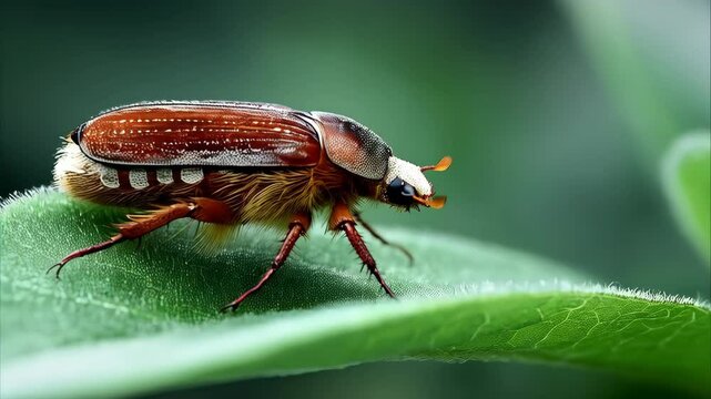 Detailed close-up of a brown may bug or cockchafer resting on a lush green leaf, showcasing intricate details of its body and the leaf's texture in a natural setting.
