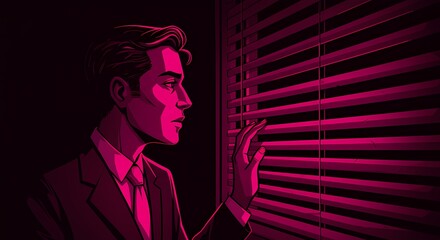 A man in a suit and tie is depicted in profile, gazing through window blinds illuminated by a strong magenta light against a dark background. The image evokes a sense of mystery and observation.
