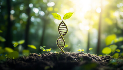 A green plant grows from soil with a DNA strand as its stem.