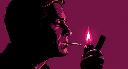 A close-up shot shows a man in profile lighting a cigarette, the flame illuminating his face against a dark magenta backdrop. The image conveys a sense of intensity and contemplation.
