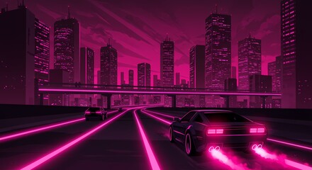 A vivid magenta-hued cityscape at night showcases towering, illuminated buildings and a multi-lane highway where two neon-lit cars are driving. The scene evokes a strong sense of a retro-futuristic ur