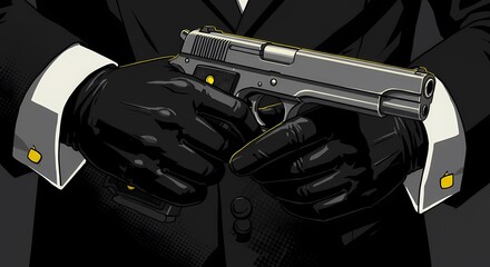 The image shows a close-up of black-gloved hands firmly holding a silver handgun. 