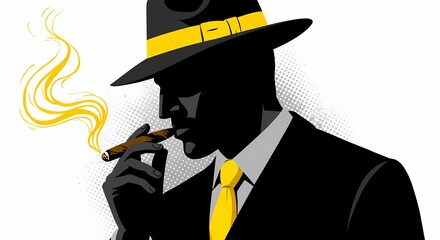 A dark silhouette of a man is shown in profile, smoking a cigar with bright yellow smoke. He is wearing a black hat with a yellow band and a matching yellow tie, creating a striking contrast.