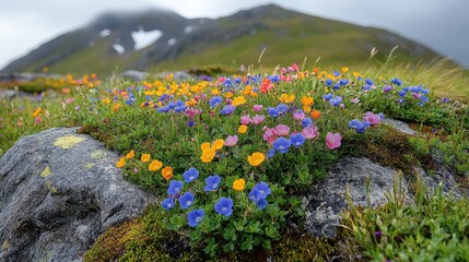 Obraz premium Colorful wildflowers flourish on a rocky mountainside.