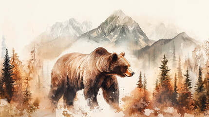 Watercolor painting of a bear walking in a forest landscape  