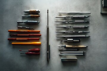 A collection of metal and wooden crafting tools arranged in a flat lay on a light gray surface.