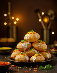 Indian Street Food Pani Puri with Blurred Lights
