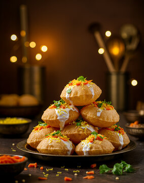 Indian Street Food Pani Puri with Blurred Lights