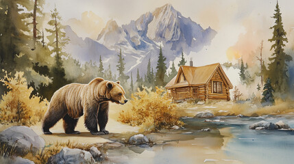 Watercolor painting of a grizzly bear approaching a cabin by a river  