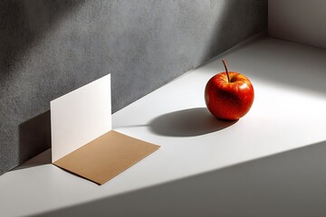 Minimalist product mockup showcasing a red apple and blank card, bathed in sunlight