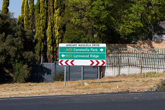 Road sign showing January Masilela Drive - M33 sign in Waterkloog Glen, Pretoria, South Africa. Lynwood Ridge and Constantia Park
