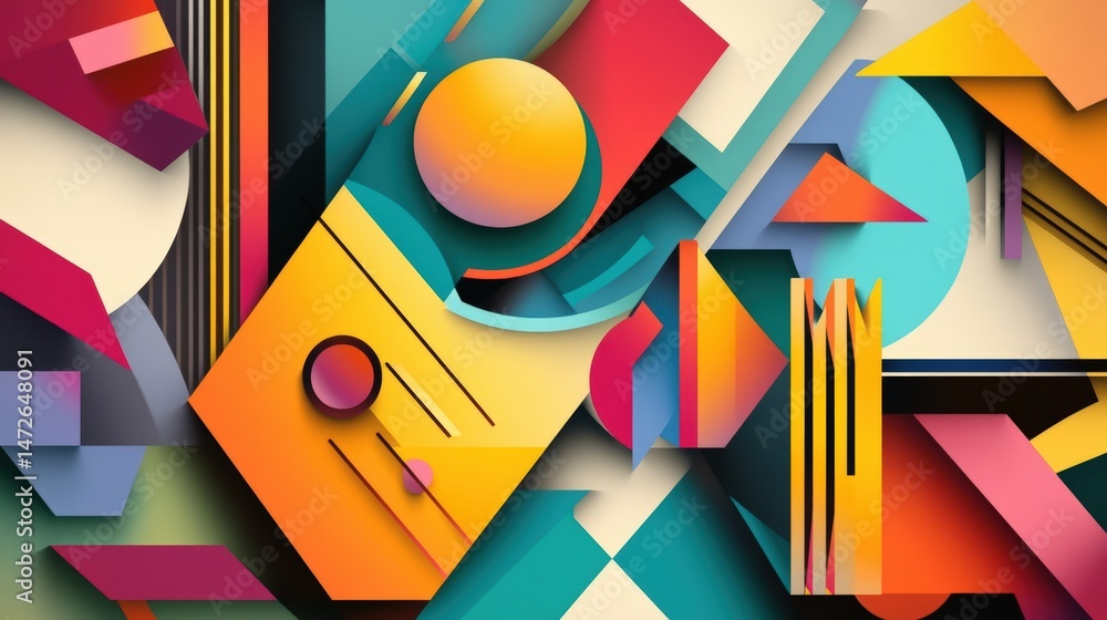 Poster abstract geometric composition with colorful shapes and 3d elements featu circles triangles rectangl