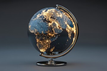 Illuminated globe showing world city lights.