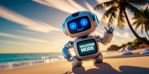 Chatbot vacation mode activated beach time to log off unplug apply sunscreen and Orders 404 Coconut Drink Tries to Network with Dolphins Using Morse Code cute robot illustration
