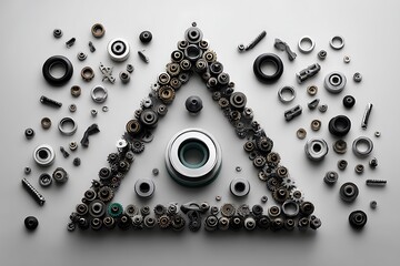 Intricate Triangle Composition of Mechanical Gears and Parts on White Background